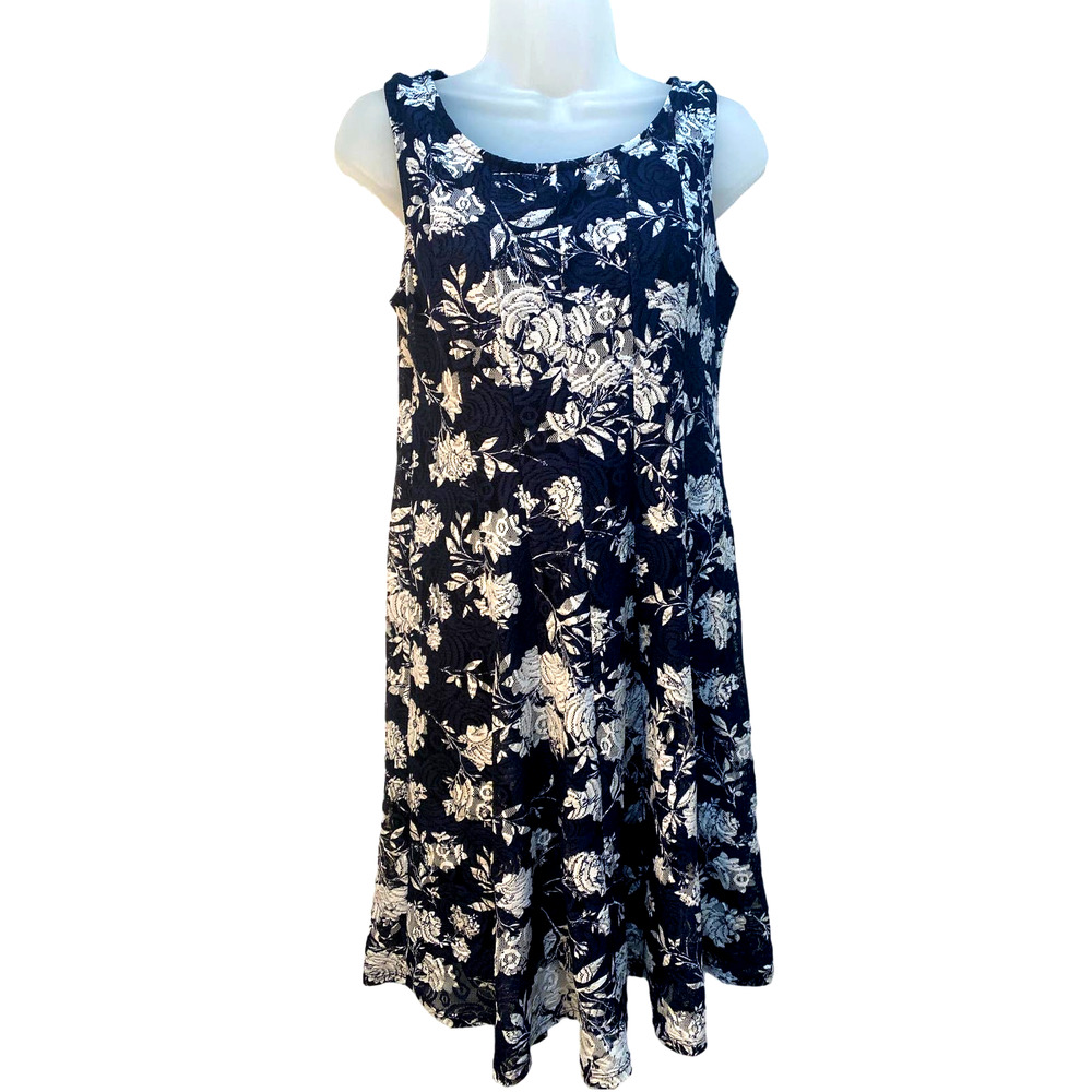 Perceptions Floral Navy & White Lace Sleeveless Dress Women's Size MP